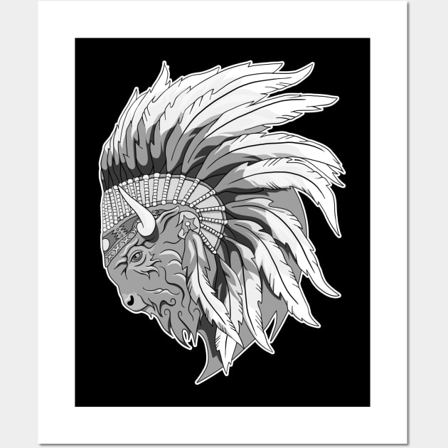 Buffalo head with indian headdress Wall Art by TMBTM